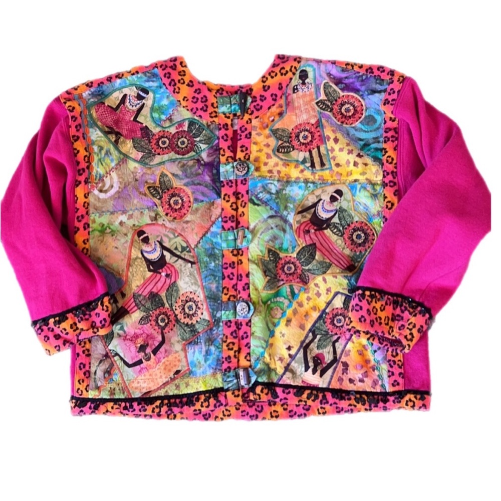 Handmade Vintage Unique African Design Button Up Jacket Women's XL